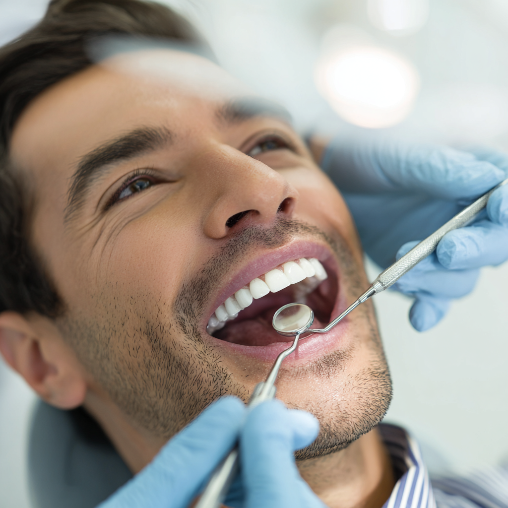 Patient with a bright, natural-looking smile during a dental exam